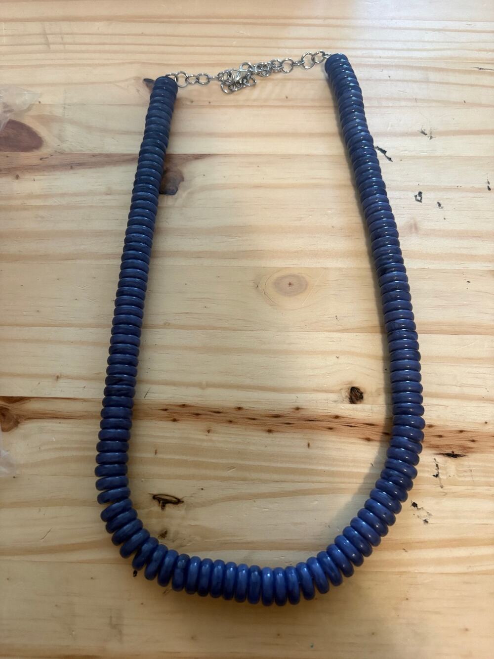 Blue Heishi Disc Bead Necklace Silver Tone Boho Statement Chunky